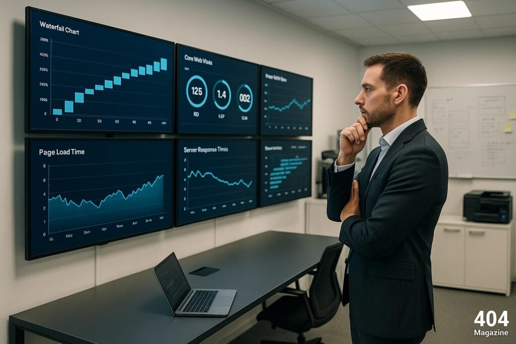 Entscheider in modernem Büro vor Monitoren mit Diagrammen und Performance-Metriken