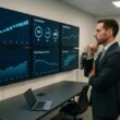 Entscheider in modernem Büro vor Monitoren mit Diagrammen und Performance-Metriken