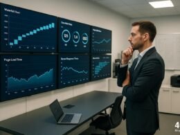 Entscheider in modernem Büro vor Monitoren mit Diagrammen und Performance-Metriken