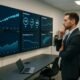 Entscheider in modernem Büro vor Monitoren mit Diagrammen und Performance-Metriken