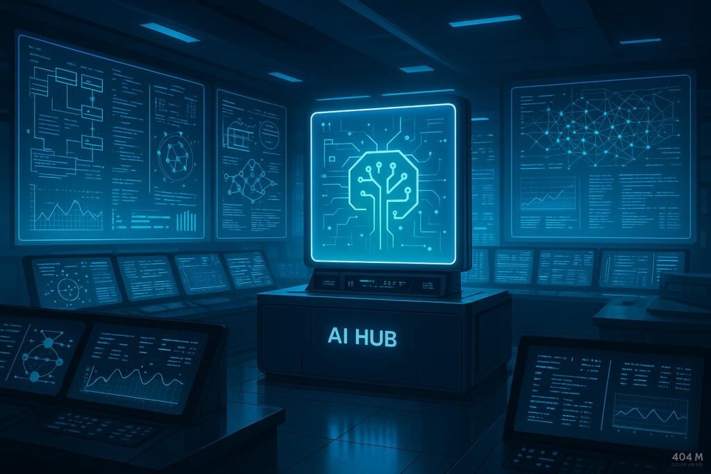Futuristischer Kontrollraum mit holographischen Displays, digitalen Schnittstellen und modernen KI-Analysetools