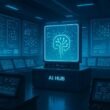 Futuristischer Kontrollraum mit holographischen Displays, digitalen Schnittstellen und modernen KI-Analysetools