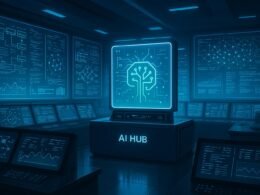 Futuristischer Kontrollraum mit holographischen Displays, digitalen Schnittstellen und modernen KI-Analysetools