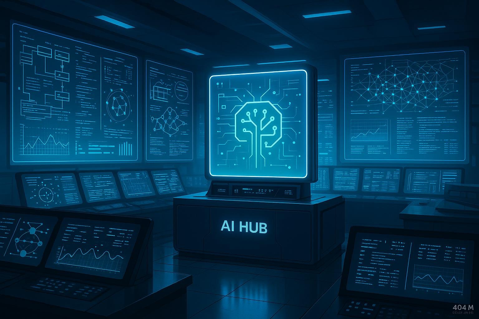 Futuristischer Kontrollraum mit holographischen Displays, digitalen Schnittstellen und modernen KI-Analysetools