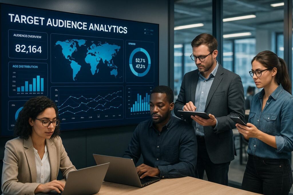 Modernes Büro mit digitalen Bildschirmen, Teamarbeit und Datenvisualisierungen im High-Tech-Umfeld