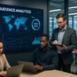 Modernes Büro mit digitalen Bildschirmen, Teamarbeit und Datenvisualisierungen im High-Tech-Umfeld