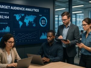Modernes Büro mit digitalen Bildschirmen, Teamarbeit und Datenvisualisierungen im High-Tech-Umfeld