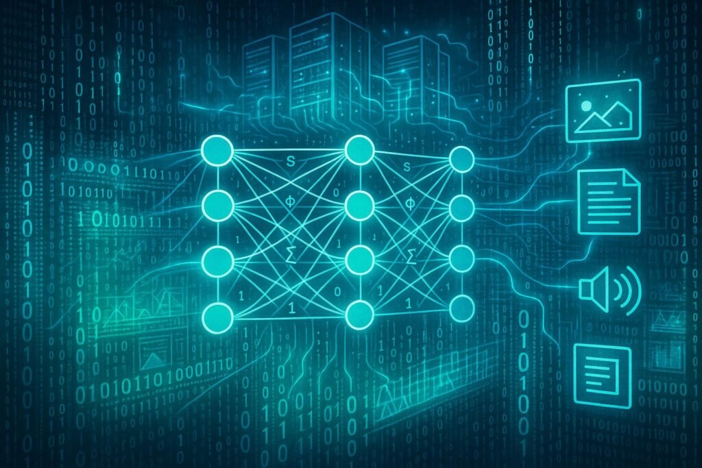 Neuronales Netzwerk mit leuchtenden Verbindungen, digitale Datenströme und Server-Racks in einer futuristischen, technologischen Umgebung