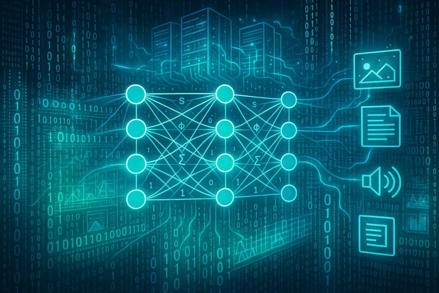Neuronales Netzwerk mit leuchtenden Verbindungen, digitale Datenströme und Server-Racks in einer futuristischen, technologischen Umgebung