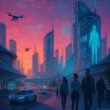 Futuristische Stadt bei Sonnenuntergang mit leuchtenden LED-Lichtern, holographischen Anzeigen und smarten Fahrzeugen, Menschen mit AR-Brillen und Drohnen, Skyline mit flachen Gebäuden und digitalen Projektionen.