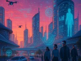 Futuristische Stadt bei Sonnenuntergang mit leuchtenden LED-Lichtern, holographischen Anzeigen und smarten Fahrzeugen, Menschen mit AR-Brillen und Drohnen, Skyline mit flachen Gebäuden und digitalen Projektionen.