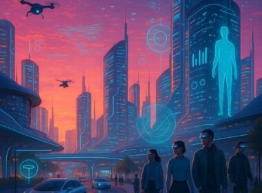 Futuristische Stadt bei Sonnenuntergang mit leuchtenden LED-Lichtern, holographischen Anzeigen und smarten Fahrzeugen, Menschen mit AR-Brillen und Drohnen, Skyline mit flachen Gebäuden und digitalen Projektionen.