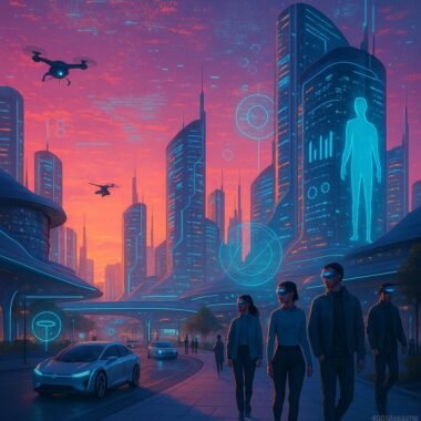 Futuristische Stadt bei Sonnenuntergang mit leuchtenden LED-Lichtern, holographischen Anzeigen und smarten Fahrzeugen, Menschen mit AR-Brillen und Drohnen, Skyline mit flachen Gebäuden und digitalen Projektionen.
