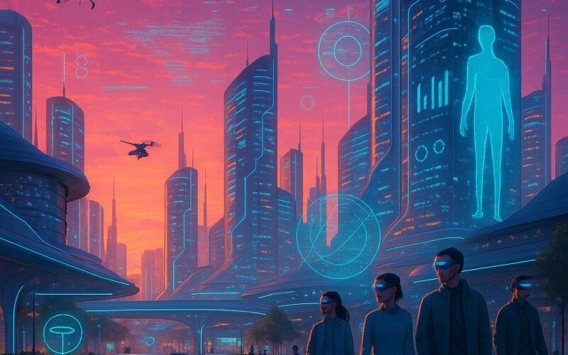 Futuristische Stadt bei Sonnenuntergang mit leuchtenden LED-Lichtern, holographischen Anzeigen und smarten Fahrzeugen, Menschen mit AR-Brillen und Drohnen, Skyline mit flachen Gebäuden und digitalen Projektionen.