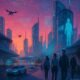 Futuristische Stadt bei Sonnenuntergang mit leuchtenden LED-Lichtern, holographischen Anzeigen und smarten Fahrzeugen, Menschen mit AR-Brillen und Drohnen, Skyline mit flachen Gebäuden und digitalen Projektionen.