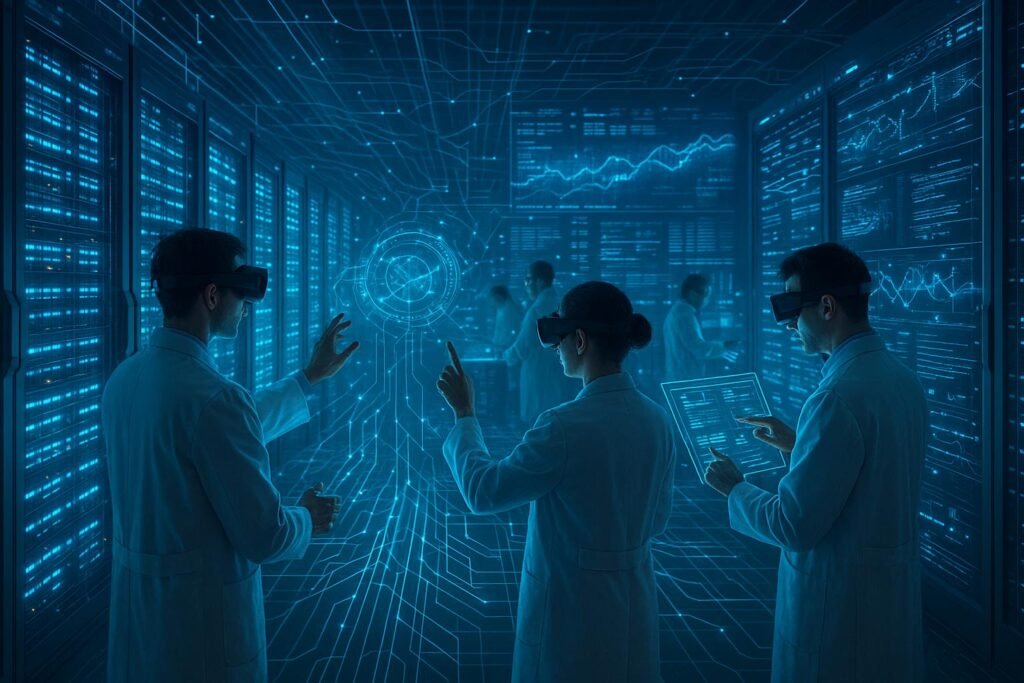 Futuristische Datenzentrale mit Server-Racks, holographischen Datenvisualisierungen und Analysten mit Augmented-Reality-Brillen, die komplexe Datenströme überwachen