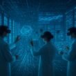 Futuristische Datenzentrale mit Server-Racks, holographischen Datenvisualisierungen und Analysten mit Augmented-Reality-Brillen, die komplexe Datenströme überwachen