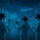 Futuristische Datenzentrale mit Server-Racks, holographischen Datenvisualisierungen und Analysten mit Augmented-Reality-Brillen, die komplexe Datenströme überwachen