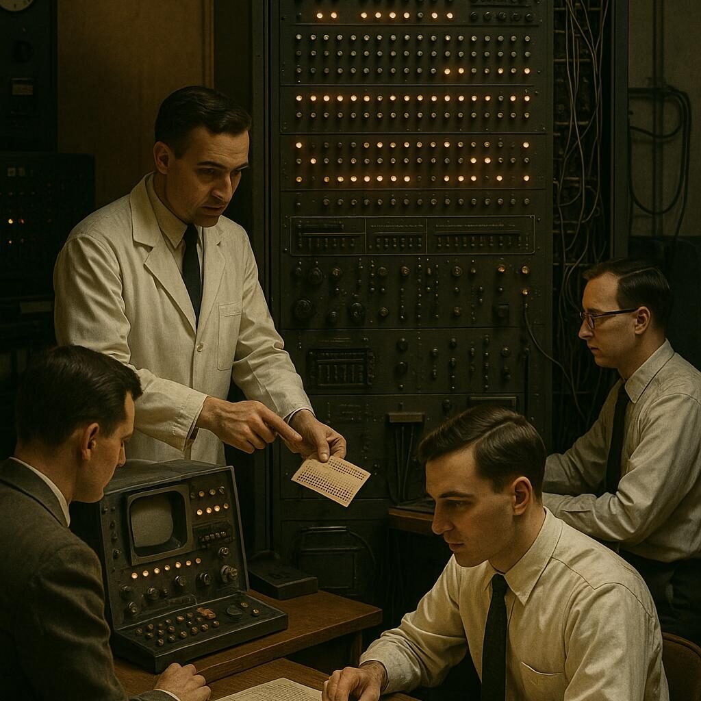 Vintage Computerlabor der 1950er Jahre mit Großrechner, Technikern und Wissenschaftlern bei der Arbeit