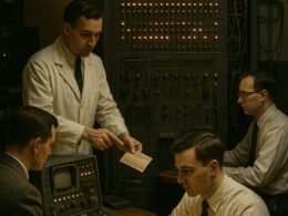 Vintage Computerlabor der 1950er Jahre mit Großrechner, Technikern und Wissenschaftlern bei der Arbeit