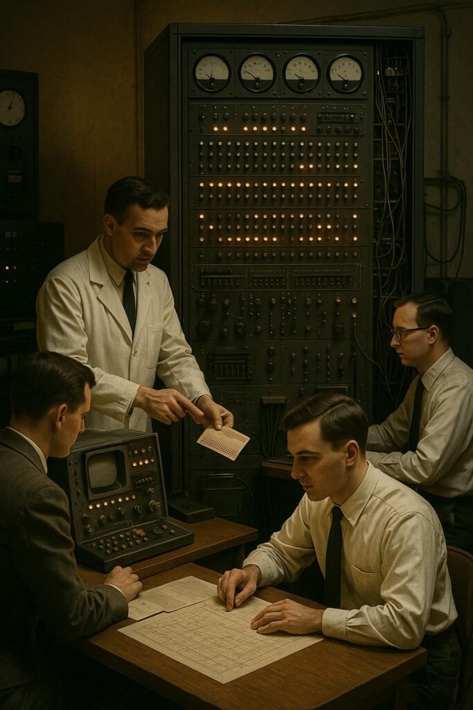 Vintage Computerlabor der 1950er Jahre mit Großrechner, Technikern und Wissenschaftlern bei der Arbeit