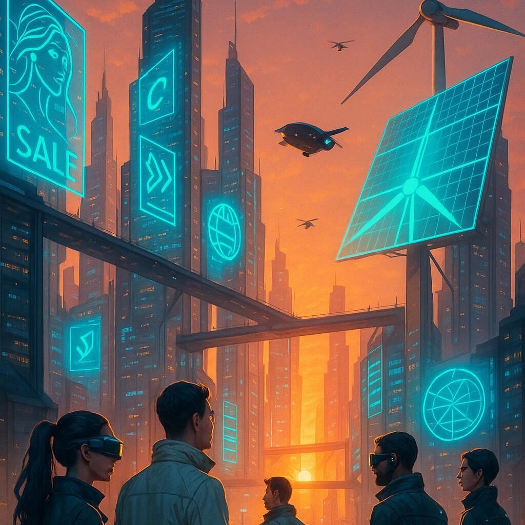 Futuristische Stadt bei Sonnenuntergang mit Wolkenkratzern, schwebenden Brücken, holographischen Anzeigen, AR-Brillen, autonomen Fahrzeugen, Drohnen und einer Solar- und Windkraftanlage im Hintergrund.