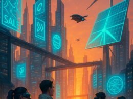 Futuristische Stadt bei Sonnenuntergang mit Wolkenkratzern, schwebenden Brücken, holographischen Anzeigen, AR-Brillen, autonomen Fahrzeugen, Drohnen und einer Solar- und Windkraftanlage im Hintergrund.