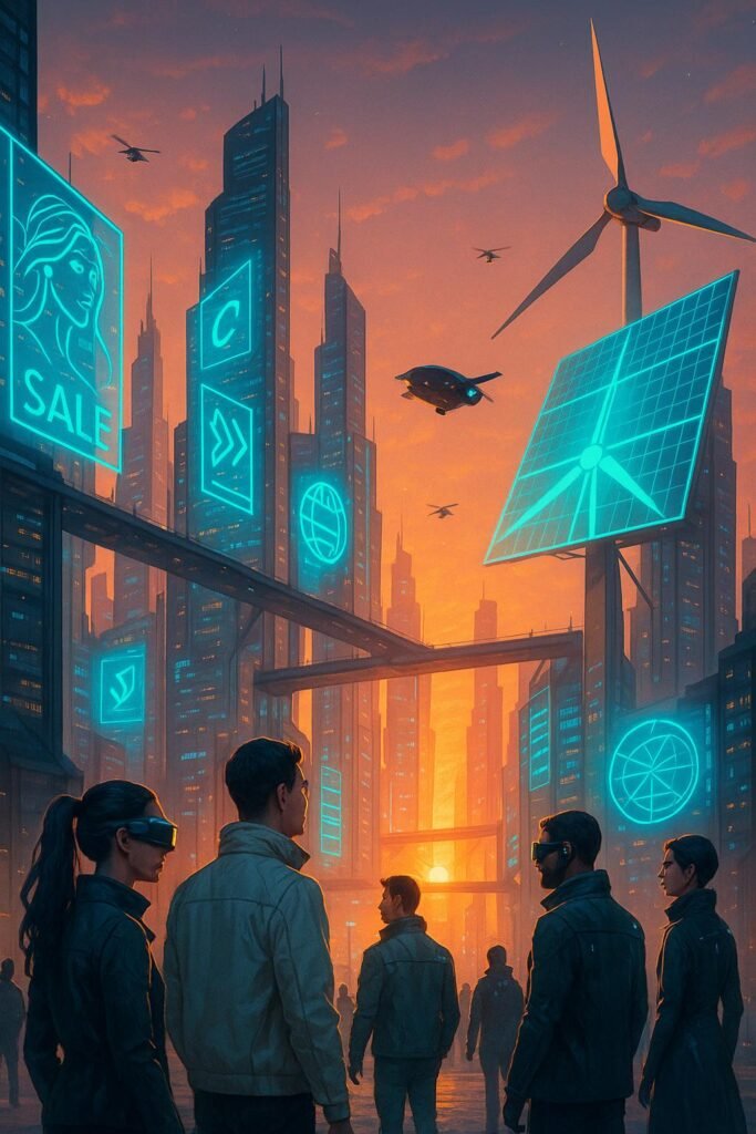Futuristische Stadt bei Sonnenuntergang mit Wolkenkratzern, schwebenden Brücken, holographischen Anzeigen, AR-Brillen, autonomen Fahrzeugen, Drohnen und einer Solar- und Windkraftanlage im Hintergrund.