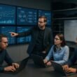 Fachleute diskutieren und analysieren Daten in einem hochmodernen Kontrollzentrum mit großen Bildschirmen, Server-Racks und Whiteboards, das Digitalisierung und Datenmanagement repräsentiert.