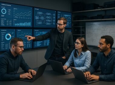 Fachleute diskutieren und analysieren Daten in einem hochmodernen Kontrollzentrum mit großen Bildschirmen, Server-Racks und Whiteboards, das Digitalisierung und Datenmanagement repräsentiert.