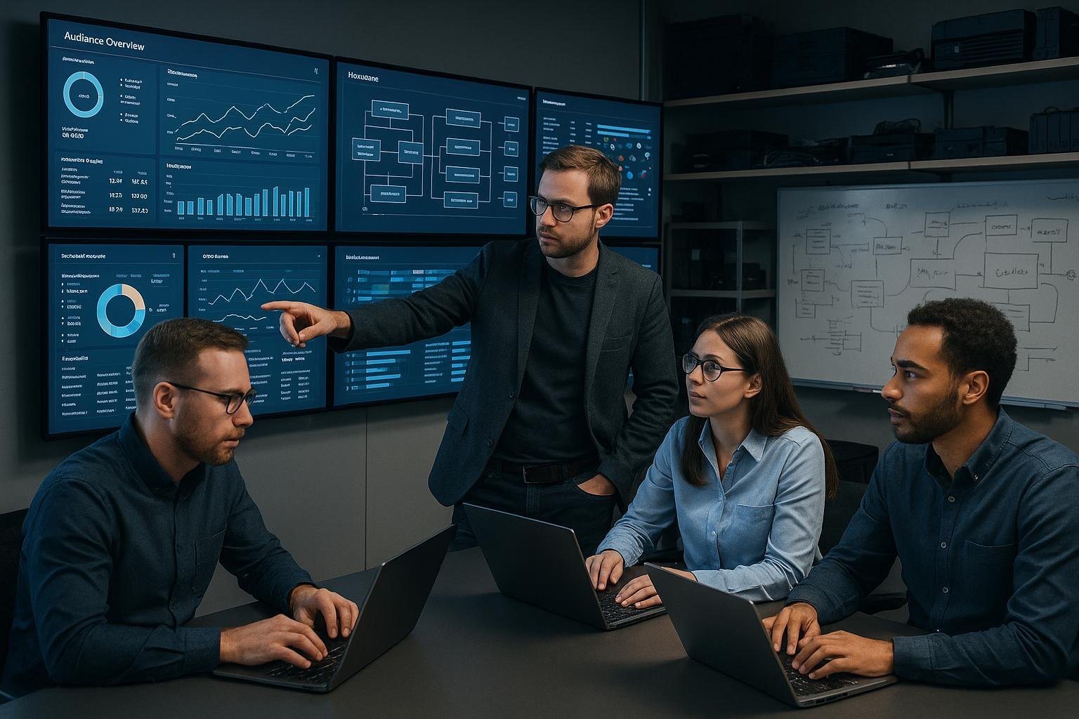 Fachleute diskutieren und analysieren Daten in einem hochmodernen Kontrollzentrum mit großen Bildschirmen, Server-Racks und Whiteboards, das Digitalisierung und Datenmanagement repräsentiert.