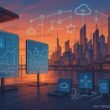 Futuristischer Stadthafen bei Sonnenuntergang mit visualisierten Datenströmen, hybriden Architekturen und digitaler Skyline mit Cloud- und Data Space-Symbolen.