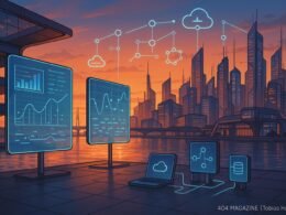 Futuristischer Stadthafen bei Sonnenuntergang mit visualisierten Datenströmen, hybriden Architekturen und digitaler Skyline mit Cloud- und Data Space-Symbolen.