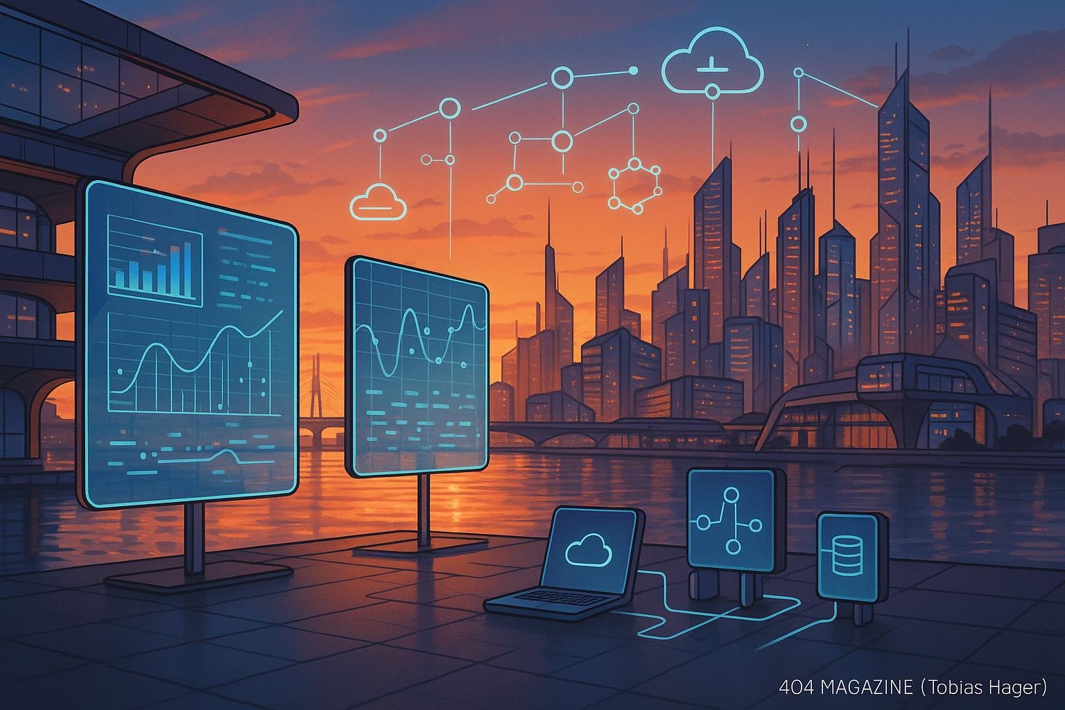 Futuristischer Stadthafen bei Sonnenuntergang mit visualisierten Datenströmen, hybriden Architekturen und digitaler Skyline mit Cloud- und Data Space-Symbolen.