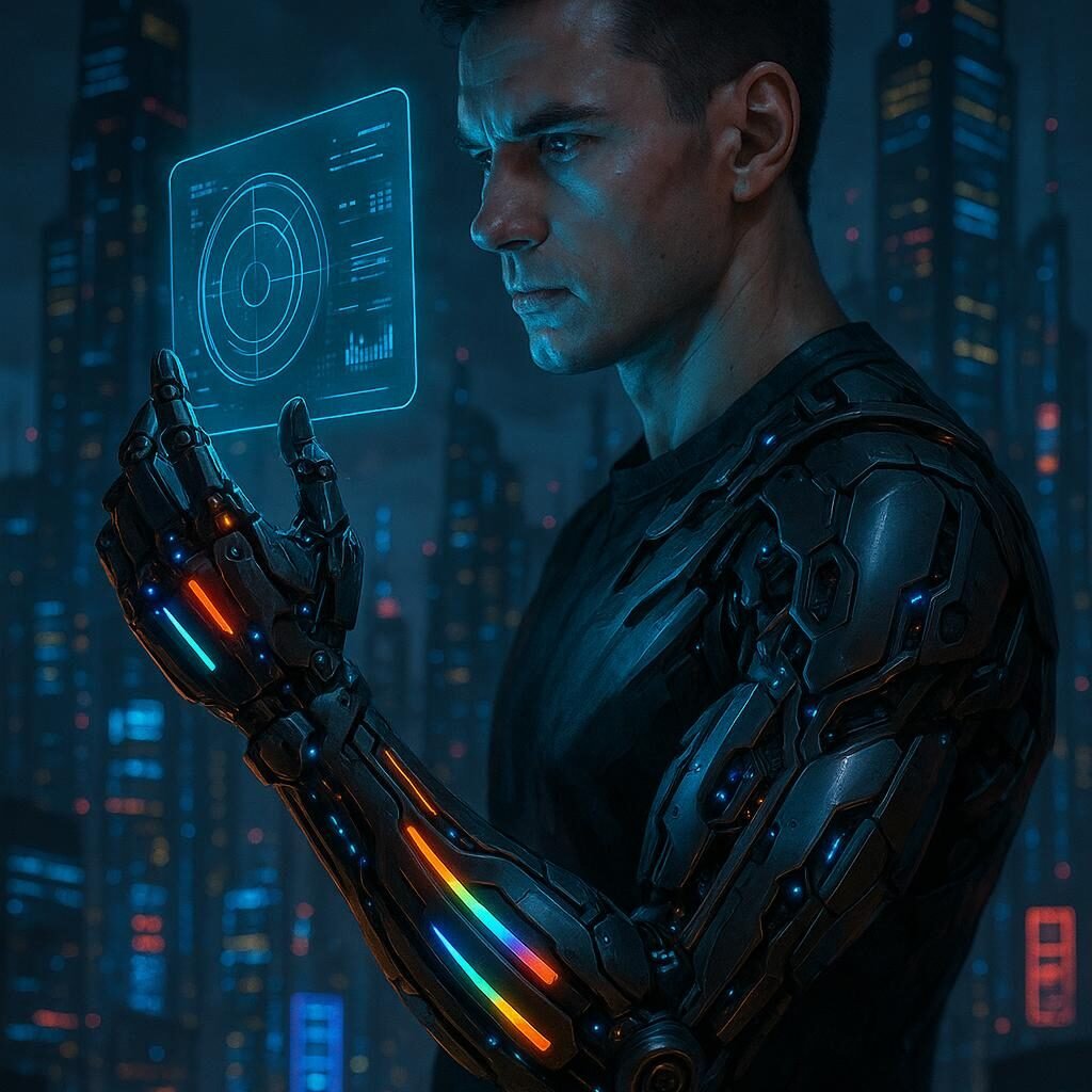 Futuristische Szene mit Mensch mit bionischem Arm, holographischem Interface vor einer beleuchteten Stadt bei Nacht, digitale Anzeigen im Hintergrund, dunkler Himmel