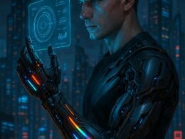 Futuristische Szene mit Mensch mit bionischem Arm, holographischem Interface vor einer beleuchteten Stadt bei Nacht, digitale Anzeigen im Hintergrund, dunkler Himmel
