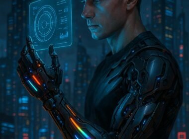 Futuristische Szene mit Mensch mit bionischem Arm, holographischem Interface vor einer beleuchteten Stadt bei Nacht, digitale Anzeigen im Hintergrund, dunkler Himmel