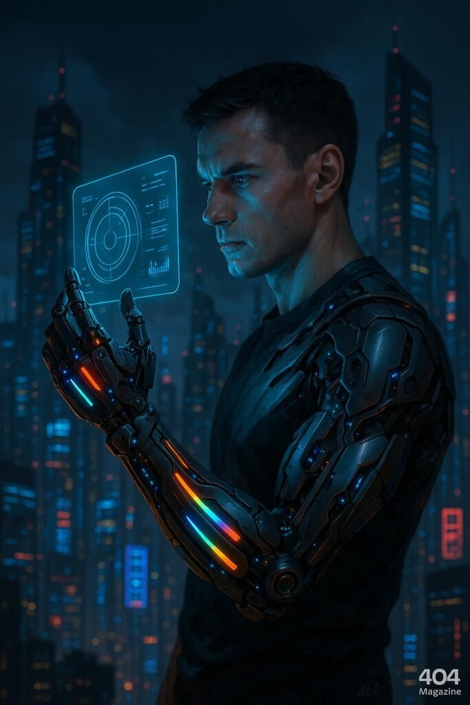 Futuristische Szene mit Mensch mit bionischem Arm, holographischem Interface vor einer beleuchteten Stadt bei Nacht, digitale Anzeigen im Hintergrund, dunkler Himmel