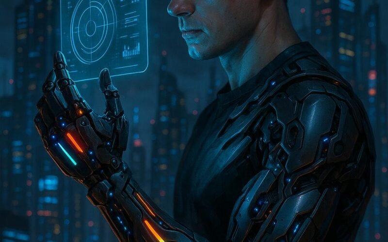 Futuristische Szene mit Mensch mit bionischem Arm, holographischem Interface vor einer beleuchteten Stadt bei Nacht, digitale Anzeigen im Hintergrund, dunkler Himmel