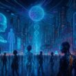 Futuristischer Stadtplatz bei Nacht mit holographischen Projektionen, modernen Gebäuden, schwebenden Fahrzeugen und Menschen in Cyber-Implantaten, dargestellt im Stil des Transhumanismus.