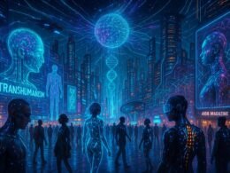 Futuristischer Stadtplatz bei Nacht mit holographischen Projektionen, modernen Gebäuden, schwebenden Fahrzeugen und Menschen in Cyber-Implantaten, dargestellt im Stil des Transhumanismus.