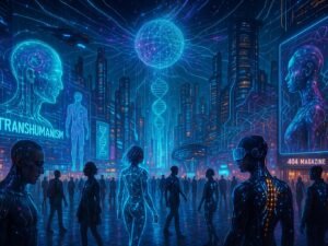 Futuristischer Stadtplatz bei Nacht mit holographischen Projektionen, modernen Gebäuden, schwebenden Fahrzeugen und Menschen in Cyber-Implantaten, dargestellt im Stil des Transhumanismus.