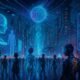 Futuristischer Stadtplatz bei Nacht mit holographischen Projektionen, modernen Gebäuden, schwebenden Fahrzeugen und Menschen in Cyber-Implantaten, dargestellt im Stil des Transhumanismus.