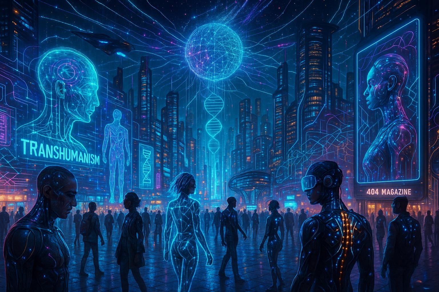 Futuristischer Stadtplatz bei Nacht mit holographischen Projektionen, modernen Gebäuden, schwebenden Fahrzeugen und Menschen in Cyber-Implantaten, dargestellt im Stil des Transhumanismus.