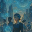 Futuristische Stadt bei Sonnenuntergang mit hochmodernen Gebäuden, holographischen Interfaces, Menschen mit neurotechnologischen Implantaten, bionischen Gliedmaßen und autonomen Robotern, Credit: 404 Magazine (Tobias Hager)