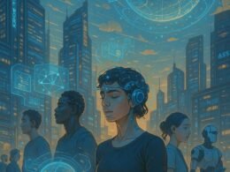 Futuristische Stadt bei Sonnenuntergang mit hochmodernen Gebäuden, holographischen Interfaces, Menschen mit neurotechnologischen Implantaten, bionischen Gliedmaßen und autonomen Robotern, Credit: 404 Magazine (Tobias Hager)