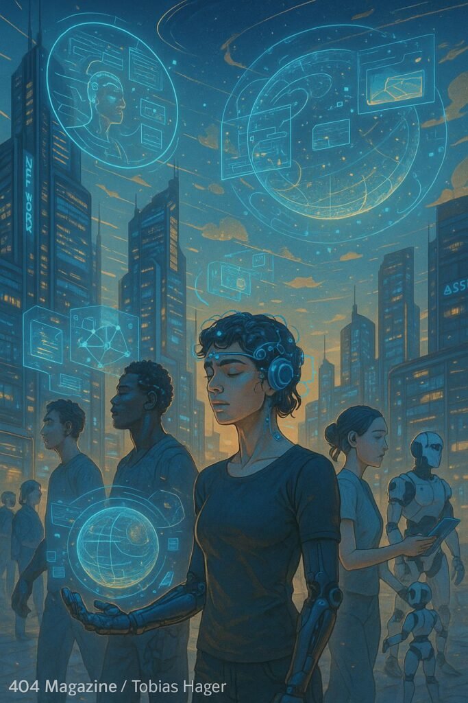 Futuristische Stadt bei Sonnenuntergang mit hochmodernen Gebäuden, holographischen Interfaces, Menschen mit neurotechnologischen Implantaten, bionischen Gliedmaßen und autonomen Robotern, Credit: 404 Magazine (Tobias Hager)