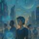 Futuristische Stadt bei Sonnenuntergang mit hochmodernen Gebäuden, holographischen Interfaces, Menschen mit neurotechnologischen Implantaten, bionischen Gliedmaßen und autonomen Robotern, Credit: 404 Magazine (Tobias Hager)