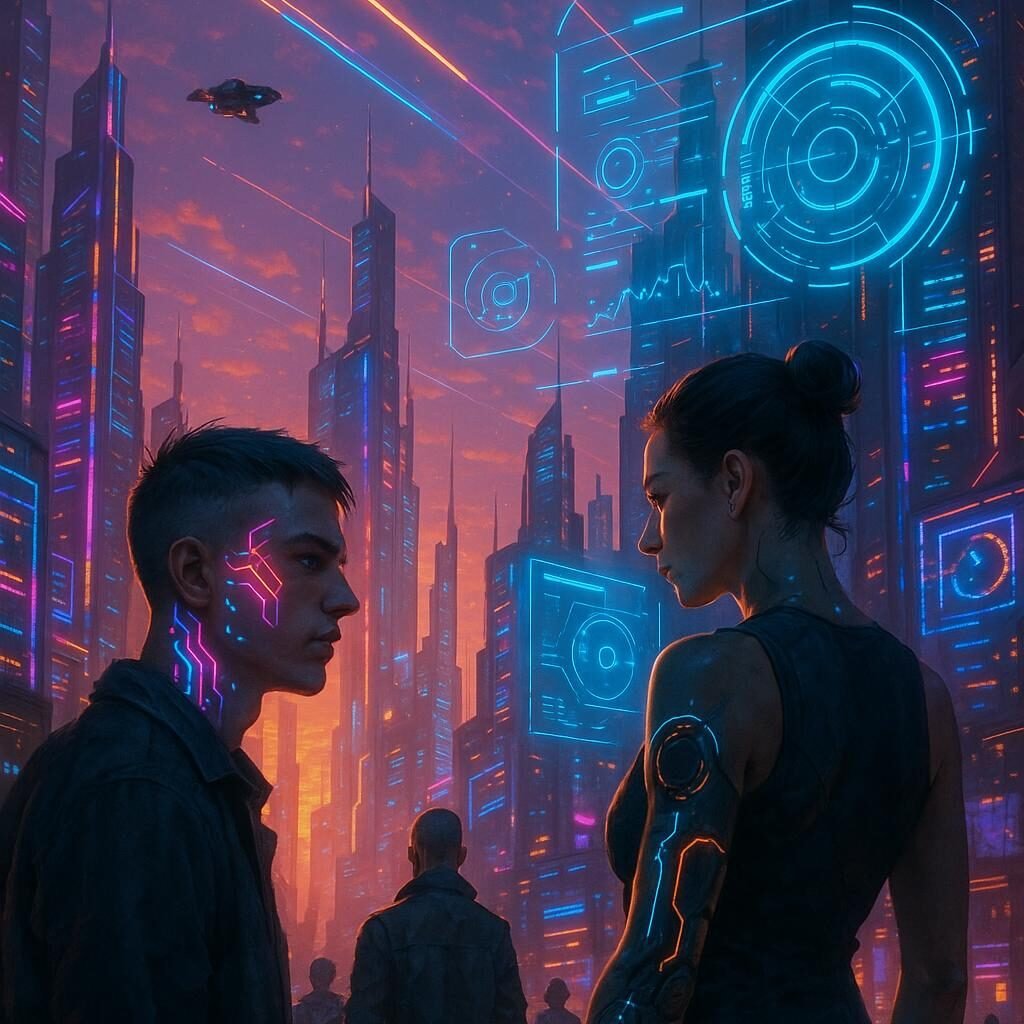 Futuristische Stadt bei Sonnenuntergang mit holographischen Anzeigen, cyber-augmentierten Menschen und schwebenden Drohnen, inspiriert von Tobias Hager für 404 Magazine