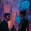 Futuristische Stadt bei Sonnenuntergang mit holographischen Anzeigen, cyber-augmentierten Menschen und schwebenden Drohnen, inspiriert von Tobias Hager für 404 Magazine
